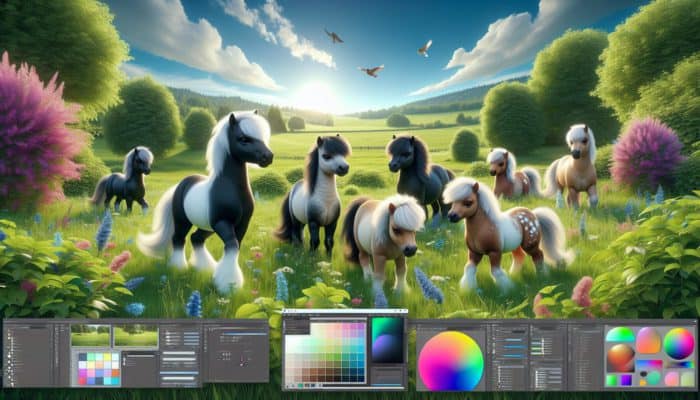 Diverse pony characters interacting in a whimsical meadow under a bright, cheerful sky.