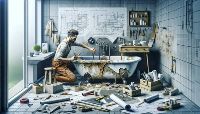 Bathtub Repair Services in West End Vancouver: A professional repairing a cracked, discolored bathtub in a modern bathroom, enhancing its appeal and functionality.