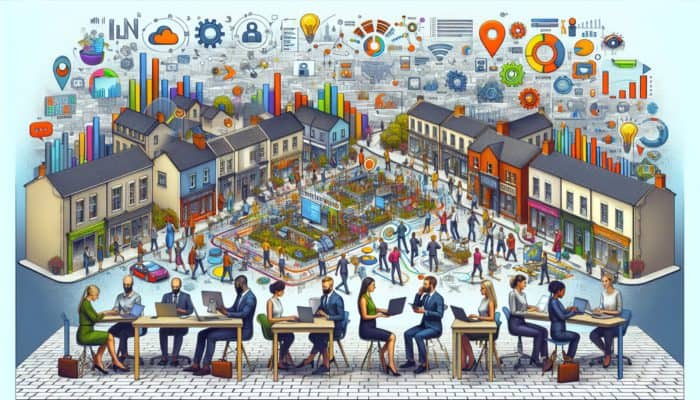 A digital marketing landscape in Royal Wootton Bassett with local businesses utilizing technology, surrounded by strategy charts and success metrics.