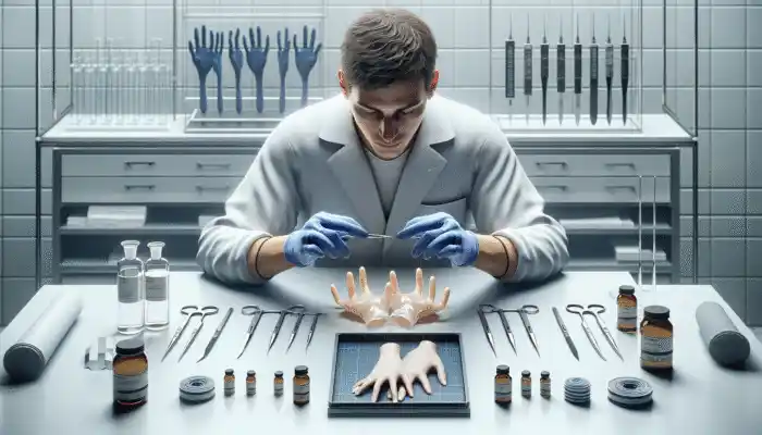 Person comparing different thicknesses and sizes of disposable polythene gloves in a clinical setting.