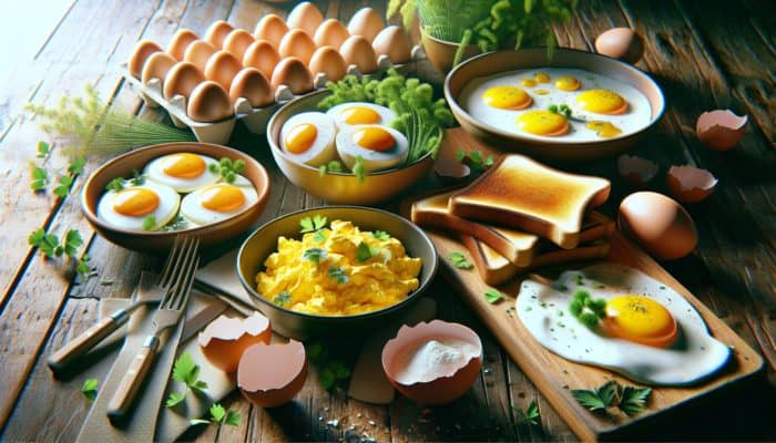 Vibrant breakfast setup showcasing scrambled, fried, and boiled eggs on a rustic table with herbs and toast.