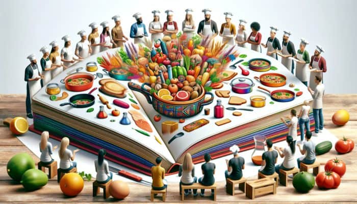 A cozy kitchen environment where novice cooks learn easy recipes from skilled chefs using an illustrated cookbook.