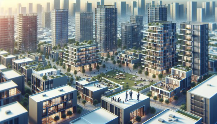 Aerial view of Mahikeng's mid-level property market with experts analyzing trends surrounding contemporary buildings and community spaces.