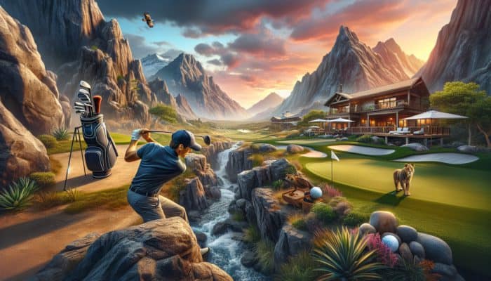 Golfer on challenging course with mountains and wildlife transitioning to luxury spa at sunset.