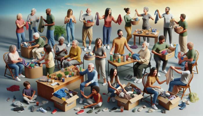 Family engaging in a decluttering effort over 30 days, friends enjoying a 'declutter party', sorting possessions together.