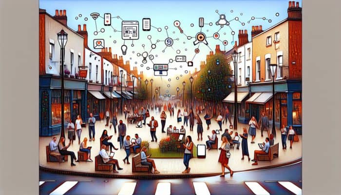 Dynamic scene of a vibrant Shaftesbury street featuring small businesses, modern website designs on devices, and skilled designers at work.