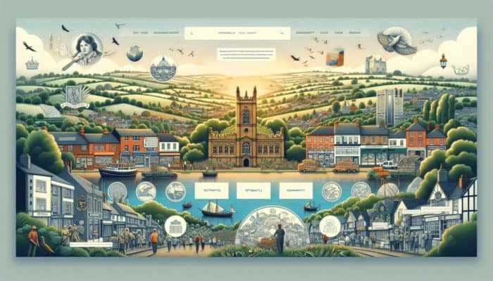 Cultural elements of Shaftesbury represented on a website, showcasing local landmarks, dialect testimonials, and environmentally friendly icons.