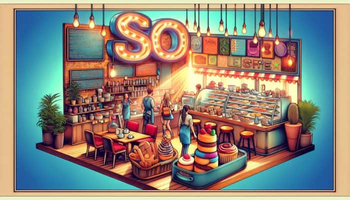 A bustling Weymouth coffee shop with a sign reading "Best Pastries in Weymouth," frequented by both locals and tourists, featuring SEO keywords in decor and menu.