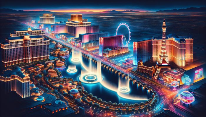 A nighttime scene of Las Vegas featuring the Bellagio Fountains, High Roller, and neon-lit Strip.