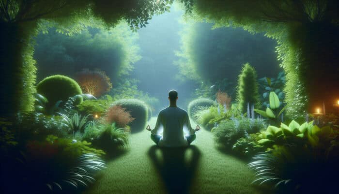 A person meditating in a peaceful garden, symbolising burnout management through mindfulness.