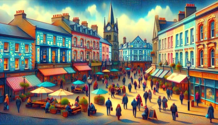 Engaging Social Media Management in Dawlish for Small Businesses: A lively town square in Dawlish featuring local businesses showcasing captivating social media content and vital analytics.