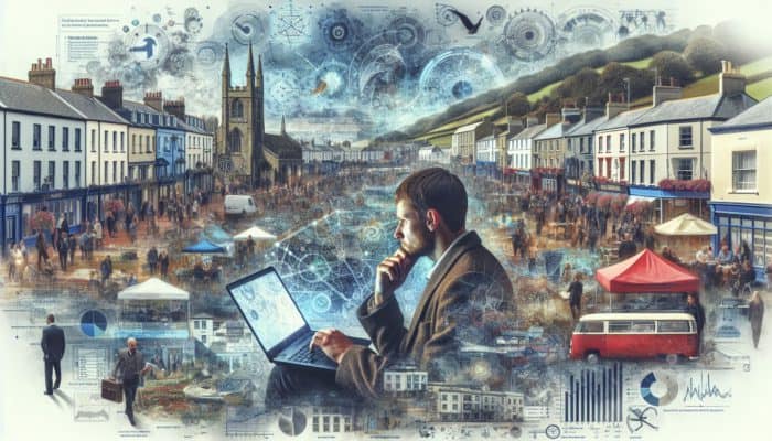 A dedicated small business owner in Dawlish reviewing social media metrics on a laptop amidst local landmarks and vibrant events.