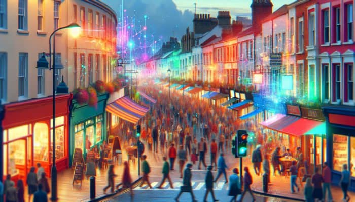 A busy high street in Dawlish featuring small businesses demonstrating social media metrics, increased customer footfall, and targeted marketing campaigns on digital displays.