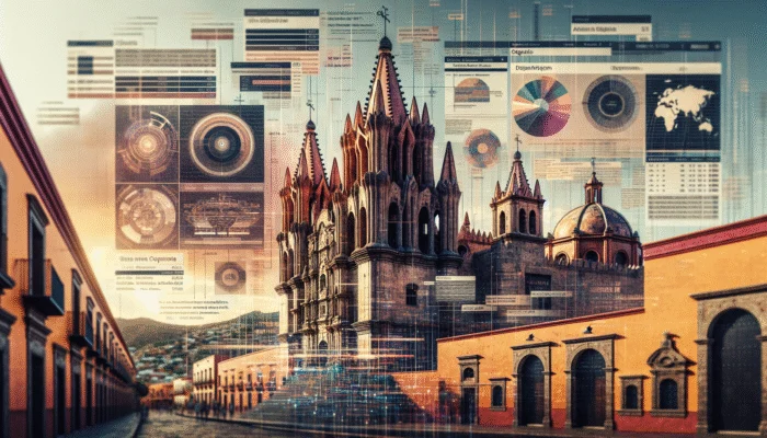 17th-century Mexican cathedral in San Miguel de Allende featuring Spanish colonial architecture and intricate stone carvings.