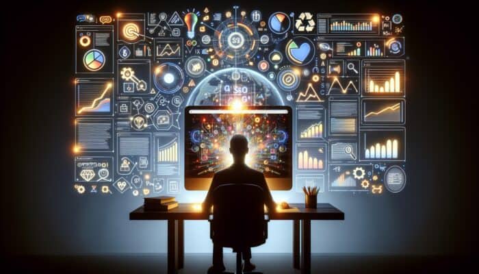 A computer screen displaying the Google Analytics dashboard with SEO charts and graphs, user analysing data.