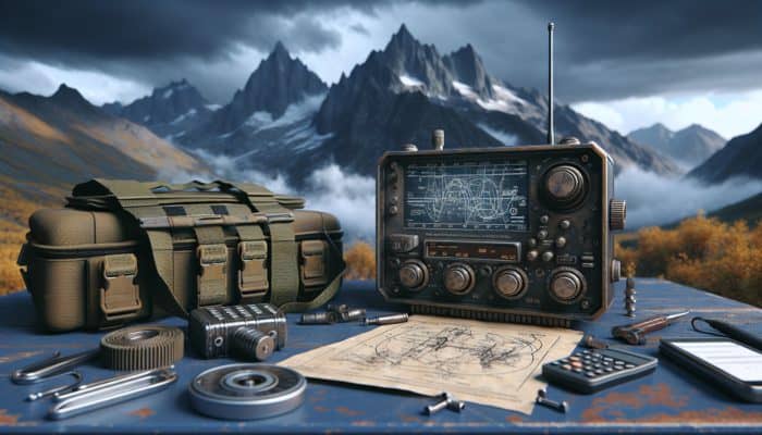 Rugged survival radio with technical diagram, set against a wilderness scene with mountains and stormy sky.