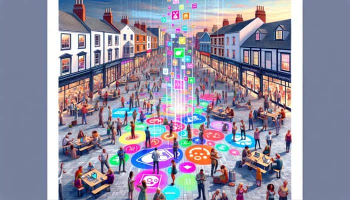 Content Creation in Calne for Small Business: A bustling Calne town square with locals engaging with digital screens showing diverse content reflecting the town's culture.