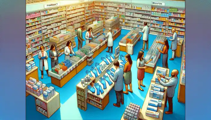 A busy Brighton pharmacy featuring a dedicated area for nitrile gloves of various brands and sizes, with staff assisting customers.