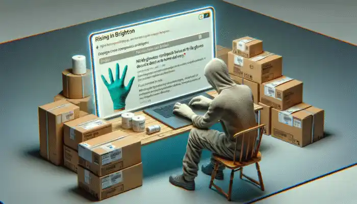 Individual in Brighton using a laptop to compare and purchase nitrile gloves online for home delivery.