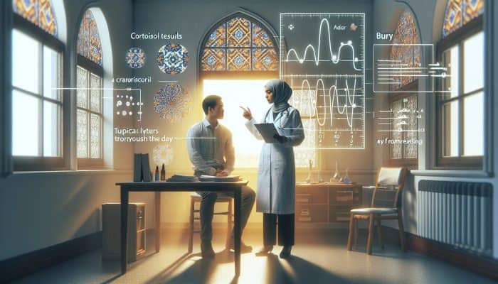 A doctor in Bury explains cortisol test results using a graph, with morning sunlight in the room.