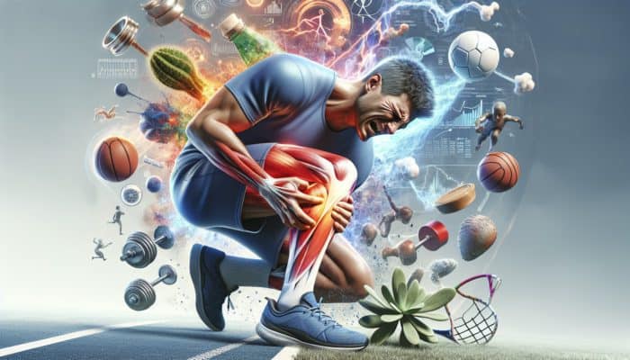 Person grimacing in pain, clutching leg during muscle cramp, with sports and daily life scenes.