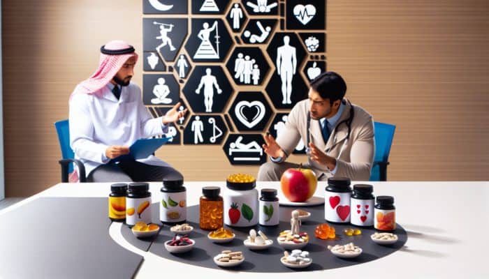 A nutritionist analyzing a client's diet and lifestyle next to various supplements in a modern consultation room.