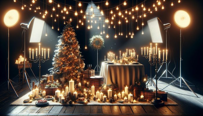 A cozy holiday scene with string lights, candles, and a beautifully decorated Christmas tree and table, enhanced by varied lighting.