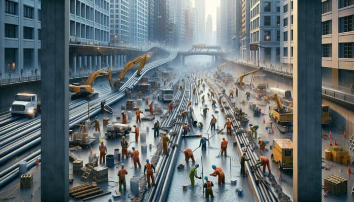 Concrete Drainage Services in New Westminster: Workers managing concrete drainage systems during heavy rain, demonstrating installation and upgrades.