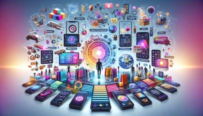 A futuristic e-commerce platform featuring shoppable videos, live-stream events, and AR/VR experiences on mobile devices.