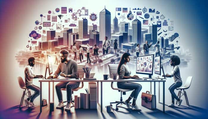 A vibrant Wellington cityscape with small business owners crafting compelling copy on glowing screens, connecting with diverse customers.