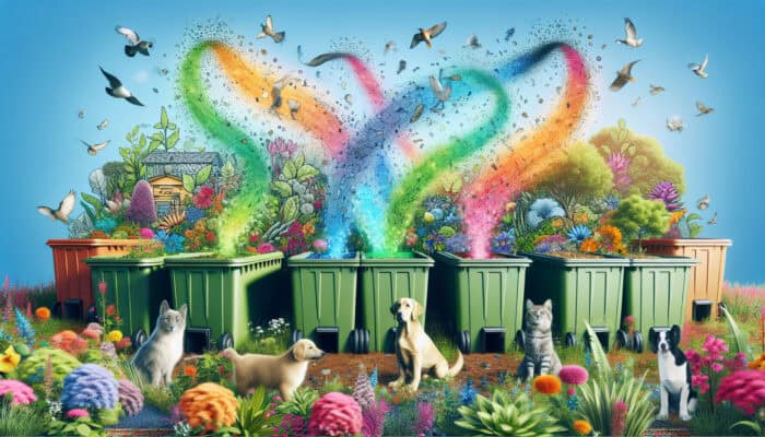 A garden with composting bins turning pet waste into soil, surrounded by plants and pets.