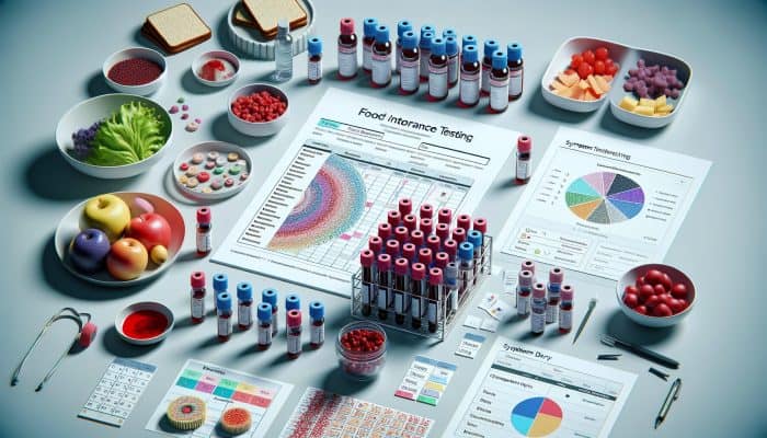 Food Intolerance Test in Heywood: A medical setup displaying blood vials, dietary charts, and a symptom diary for assessing food intolerance.