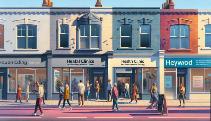 A bustling street in Heywood showcasing signs for clinics providing food intolerance testing, with people coming and going.