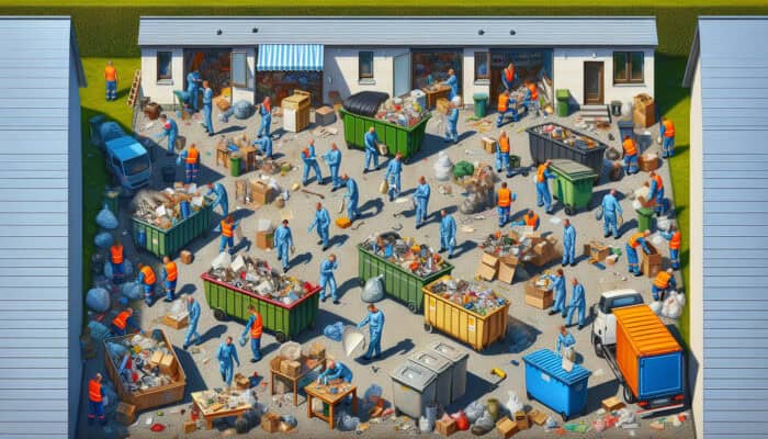 Summer house clearance with waste management experts sorting waste into labelled, sustainable bins under a sunny sky.