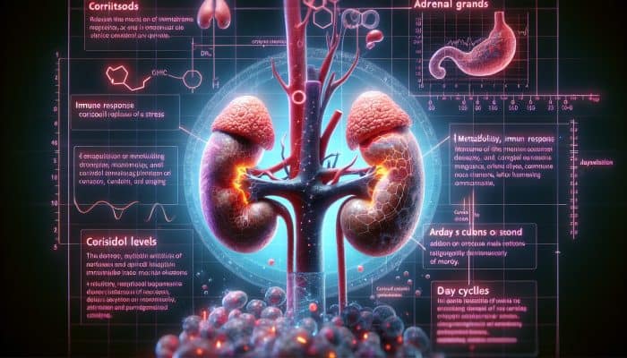 Cortisol Blood Test in Rochdale: Anatomical illustration of adrenal glands releasing cortisol, showcasing its effects on metabolism, immunity, and stress, alongside a graph of daily cortisol levels.