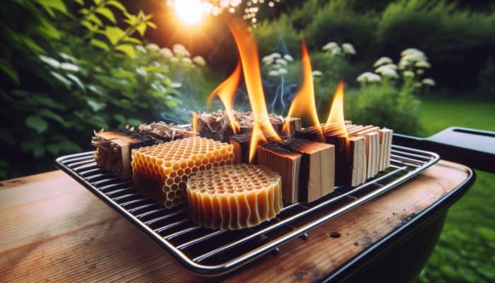 Eco-friendly BBQ fire starters from natural materials igniting on a grill amidst greenery.