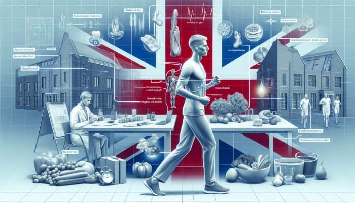 Illustration of a UK man's health routine including gym, diet, mental health, and check-ups in a modern urban setting.