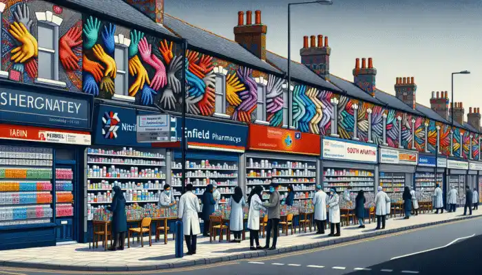 Enfield street scene showcasing pharmacies like Boots, Lloyds, Superdrug with staff assisting customers and nitrile gloves on display.