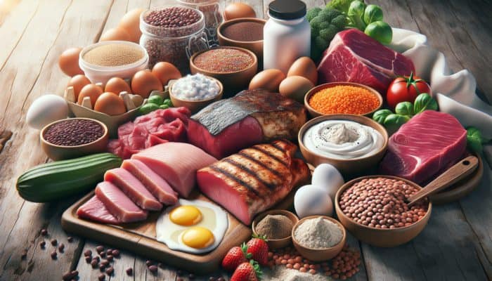 Top High-Calorie Recipes for Bulking: A variety of high-protein foods on a rustic table for muscle growth.