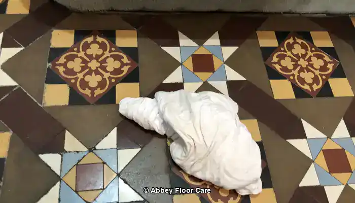 Introduction to Victorian Tile Restoration, Abbey Floor Care restoring the colour to a Victorian clay tile floor using a colour enhancing impregnating sealer