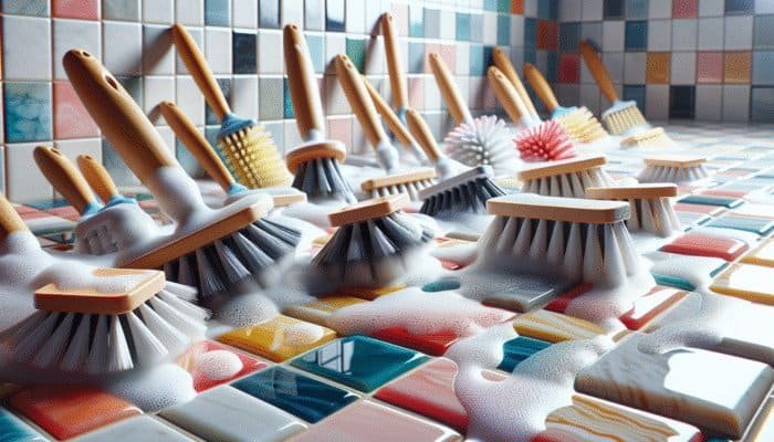 Close-up view of various brushes effectively cleaning grout between colorful tiles in a brightly lit bathroom.