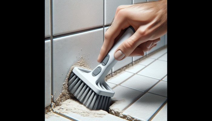 Angled brush with ergonomic handle cleaning grout in tight corners, reducing fatigue during use.