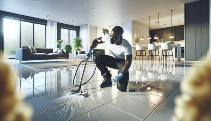 A professional cleaner revitalizing the tiled floor of a home, enhancing its vibrancy and overall appeal.
