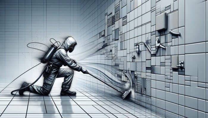 A professional cleaner using specialised tools to clean and protect tiles and grout in a contemporary UK home.