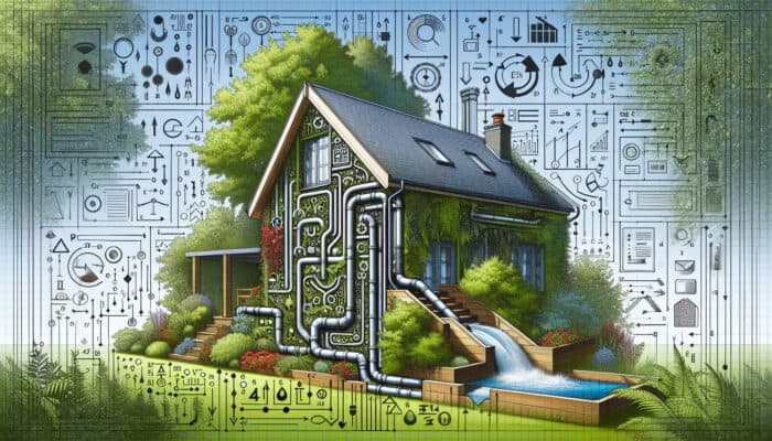 Diagram of a modern downspout drainage system with expert annotations, featuring a Surrey home background.