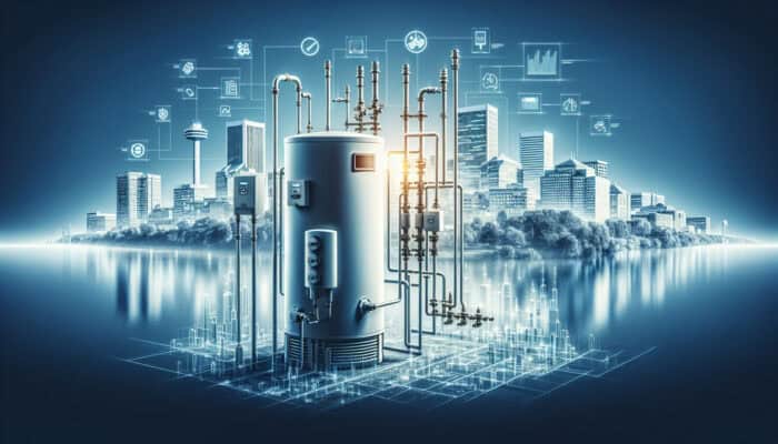 Water Heater Services in Richmond: A modern water heater system schematic with labeled components against Richmond's skyline.