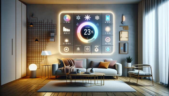 Smart thermostat displayed on a wall in a contemporary living room, controlled via smartphone, with sensors monitoring the heating system.
