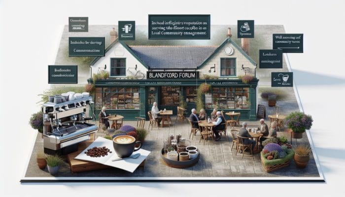 A bustling café in Blandford Forum with signage for best coffee and community event flyers.