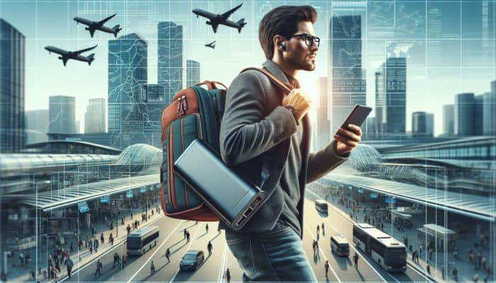 Traveler exploring a vibrant city, smartphone powered by a portable power bank in their bag.