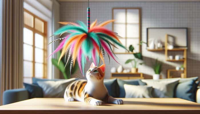 A colorful feather teaser toy designed for a cat's size and play style, made from safe, durable materials.